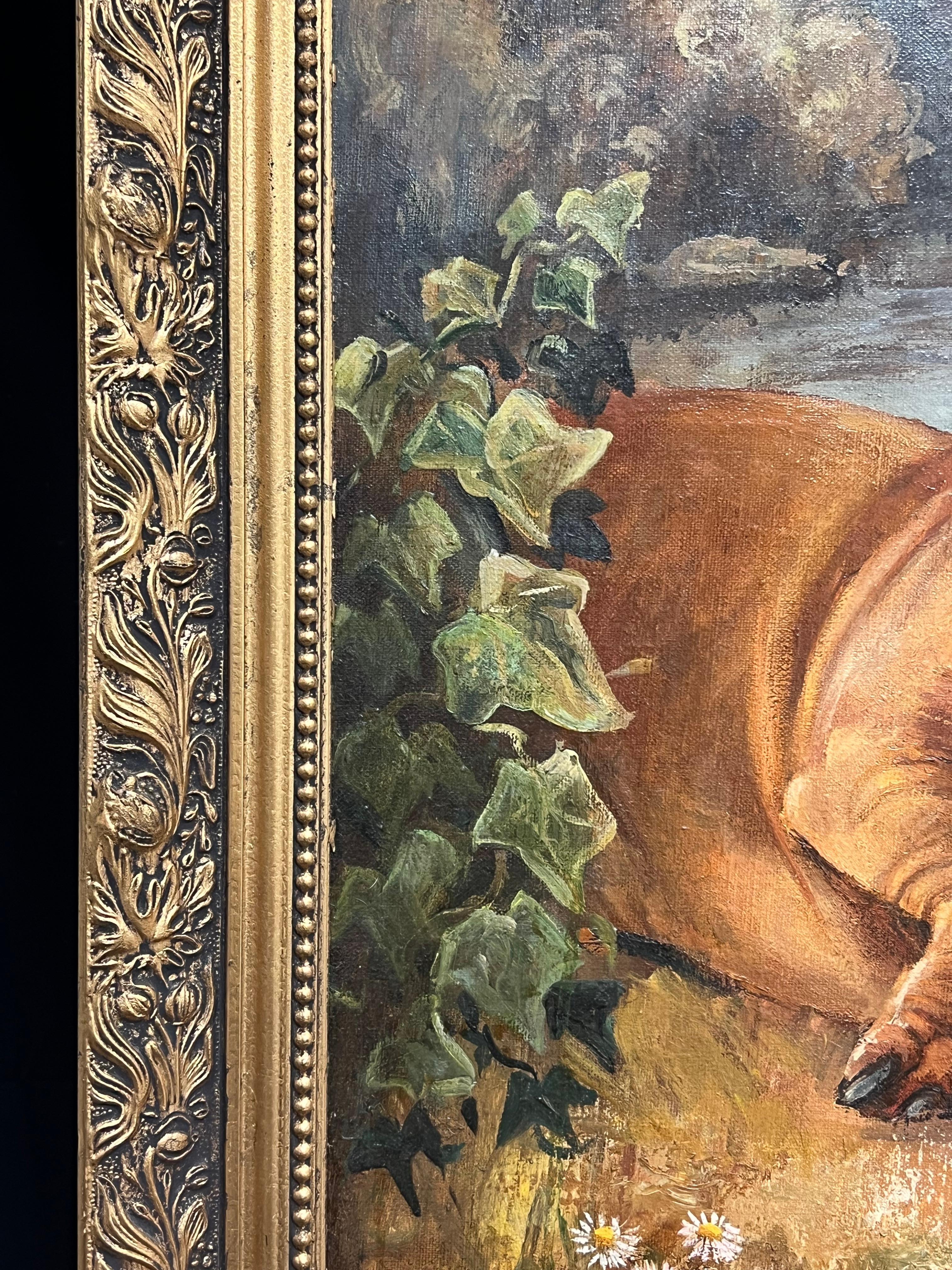 Large English Dog Oil Painting Pair of Charming Dachshund Dogs in Landscape 13