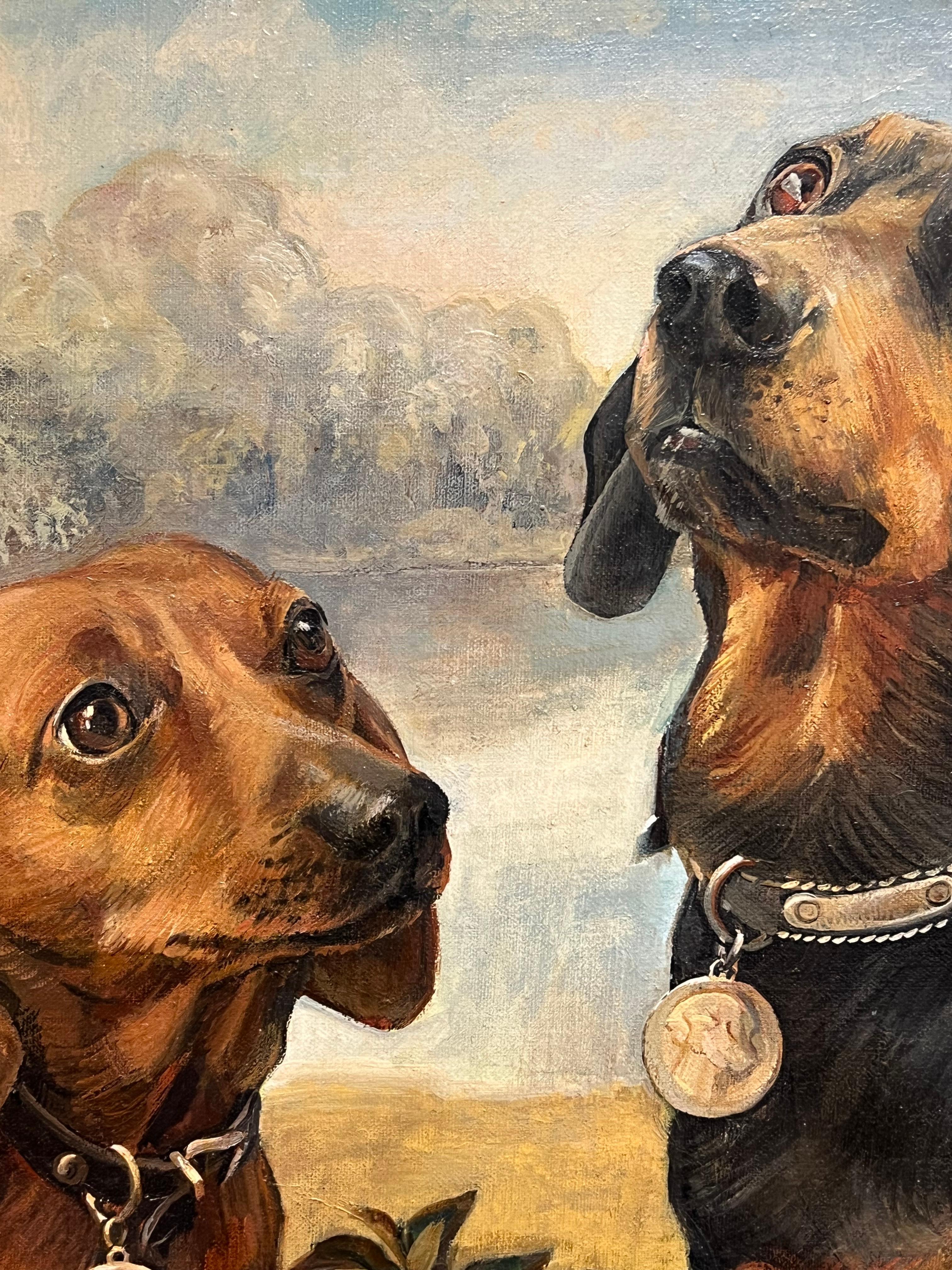 Large English Dog Oil Painting Pair of Charming Dachshund Dogs in Landscape 15