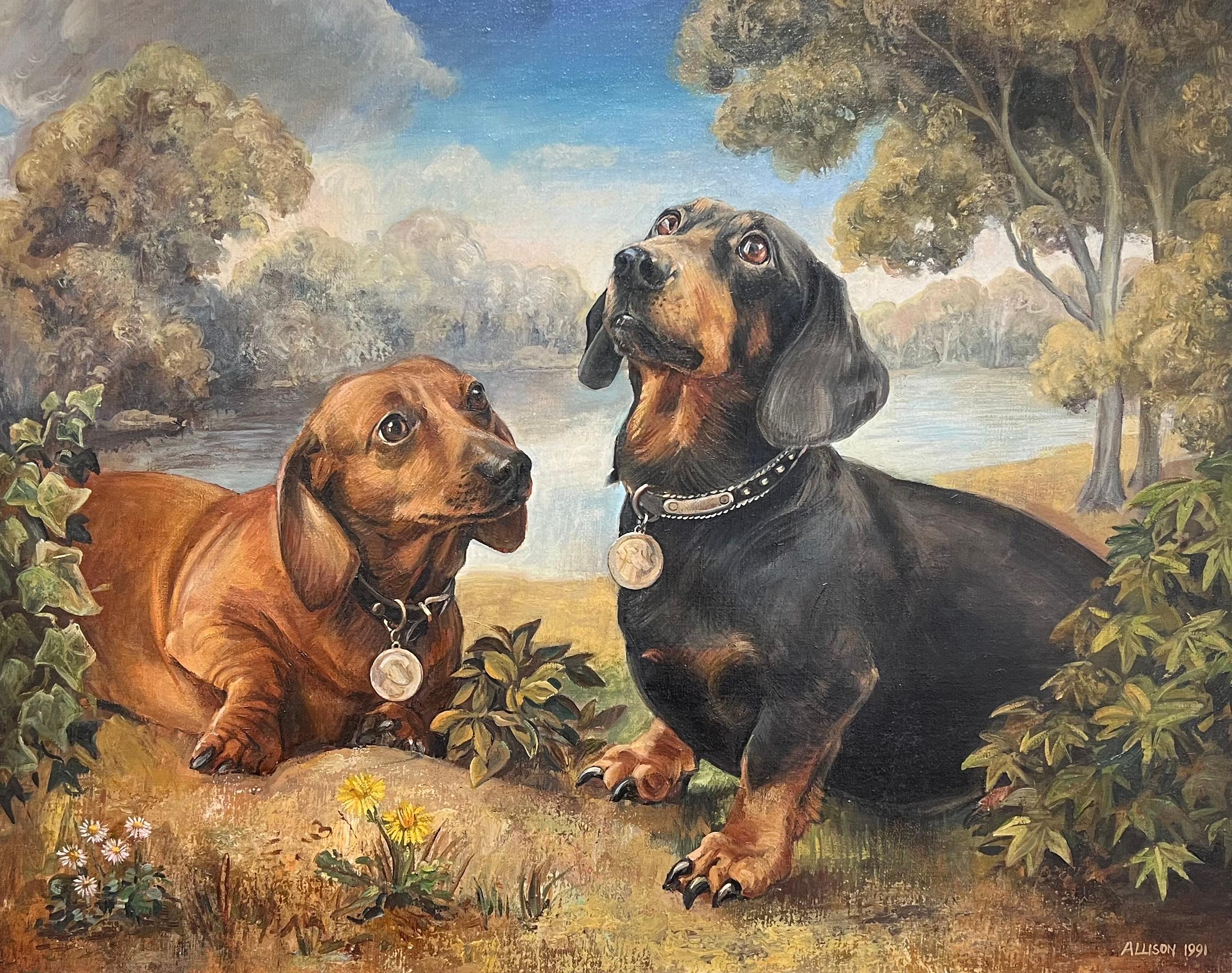 Large English Dog Oil Painting Pair of Charming Dachshund Dogs in Landscape - Brown Portrait Painting by English School