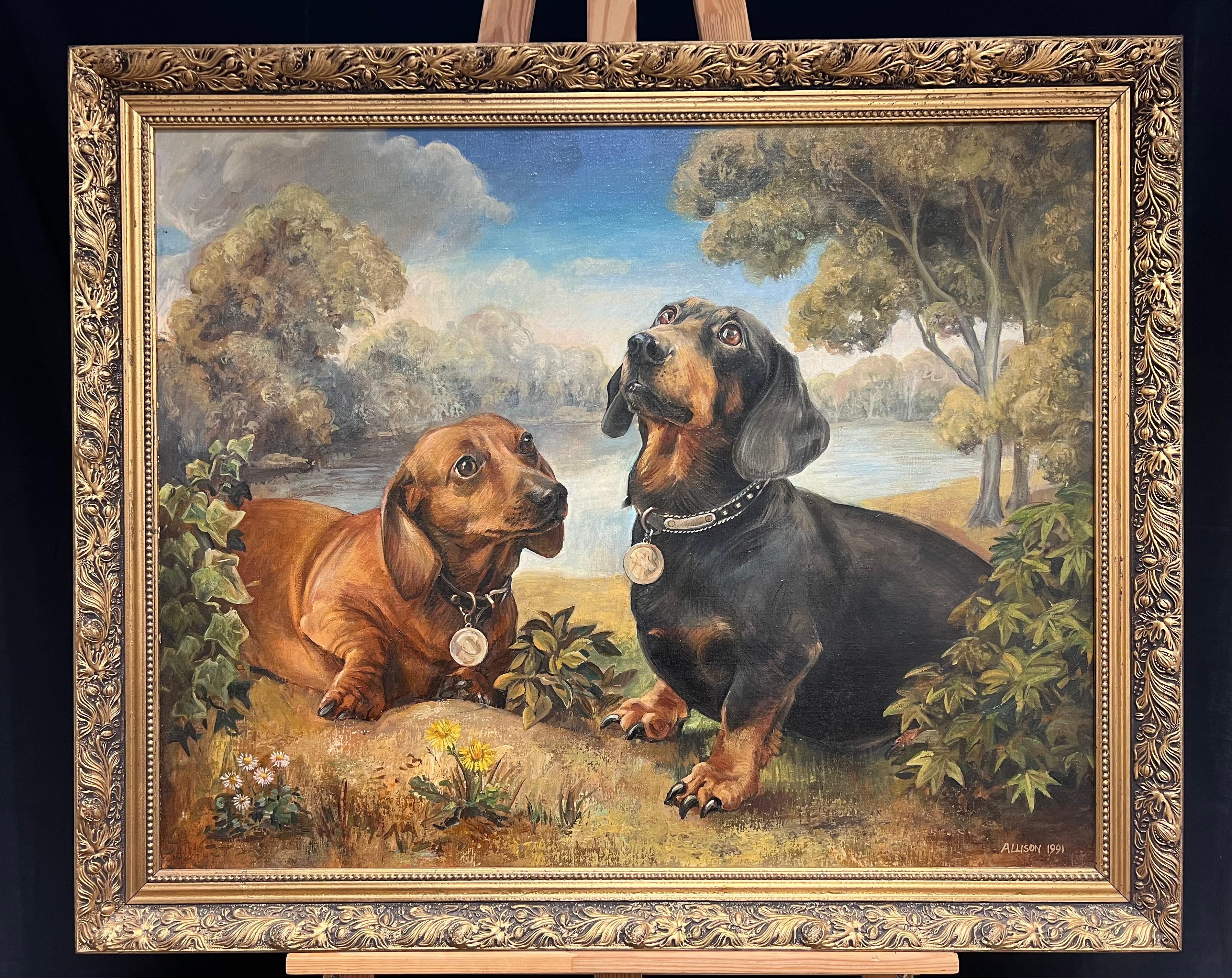 Charming Dachshunds
Allison (British, 20th century)
Dated 1991
signed oil on canvas, framed
Framed: 28 x 34 inches
Canvas: 24 x 30 inches
Provenance: private collection, UK
Condition: very good condition 

Description:
This captivating oil painting