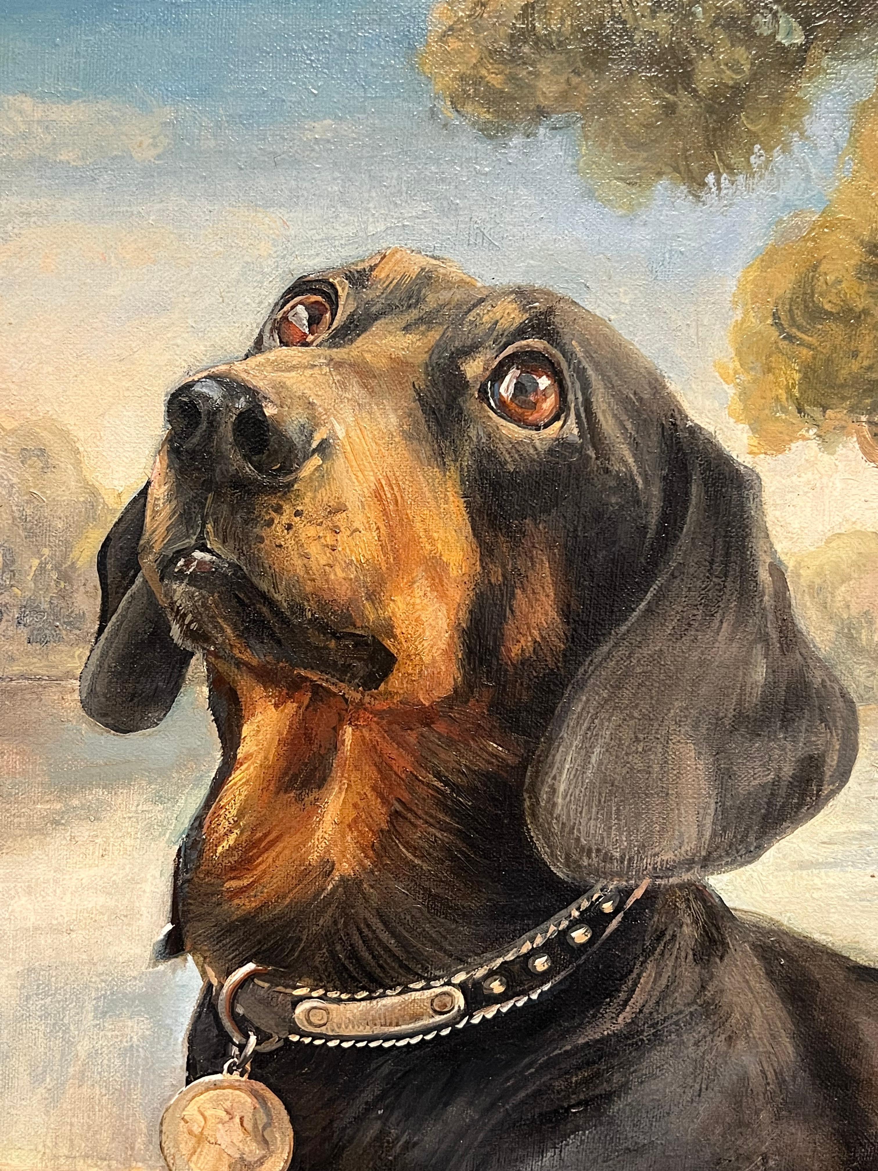 Large English Dog Oil Painting Pair of Charming Dachshund Dogs in Landscape 2