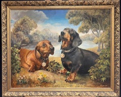 Large English Dog Oil Painting Pair of Charming Dachshund Dogs in Landscape