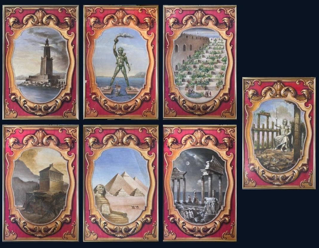 English School Landscape Painting - Set of 7 Original Paintings - The Seven Wonders of the Ancient World Classical