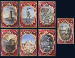 Antique Set of 7 Original Paintings - The Seven Wonders of the Ancient World Classical