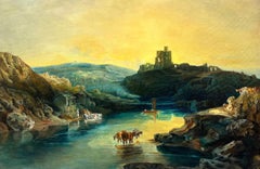 Sunset over Mountain Lakes Cattle Watering from Water Large Tranquil Oil Canvas