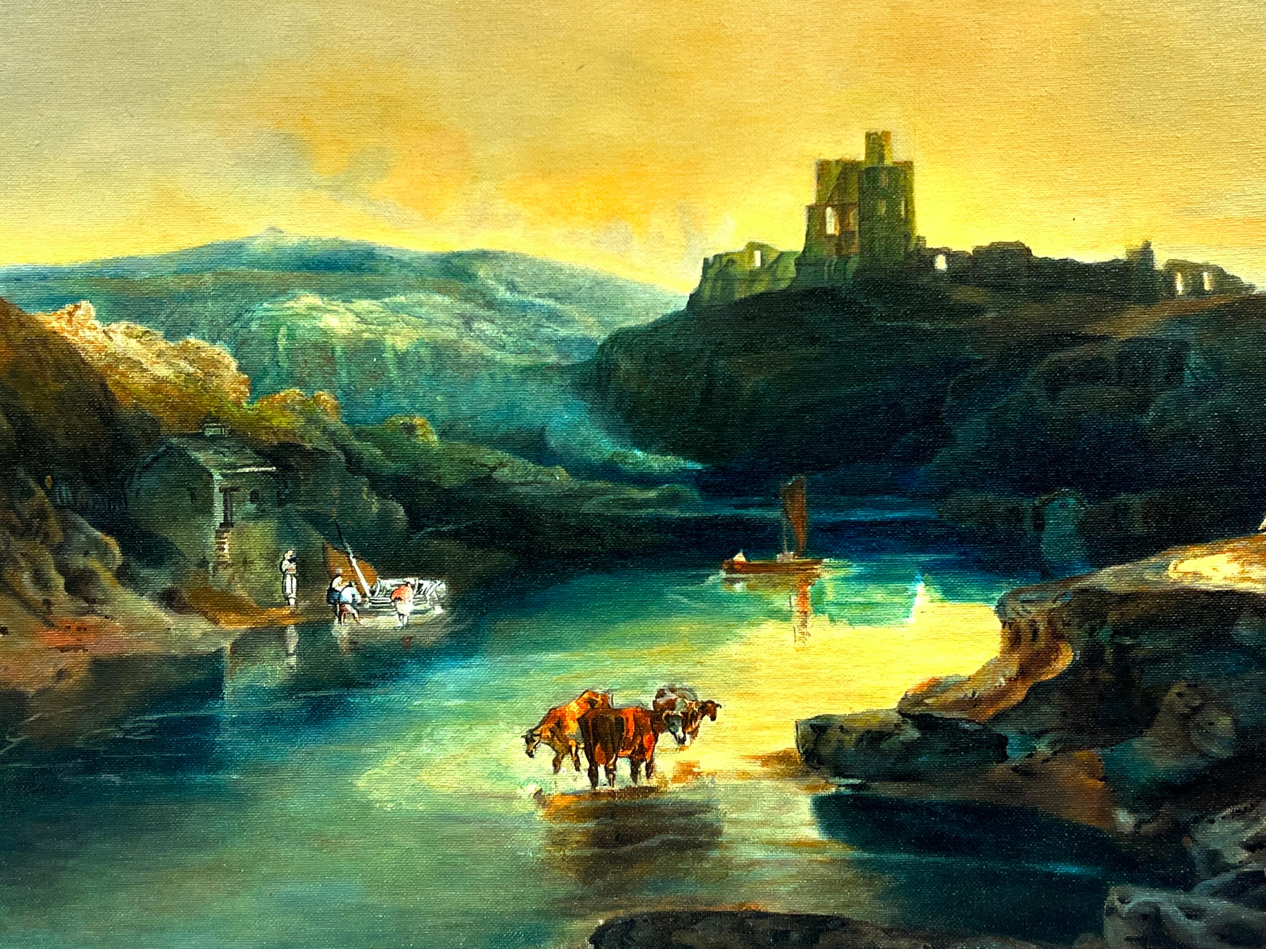Sunset over Mountain Lakes Cattle Watering from Water Large Tranquil Oil Canvas - Victorian Painting by English School