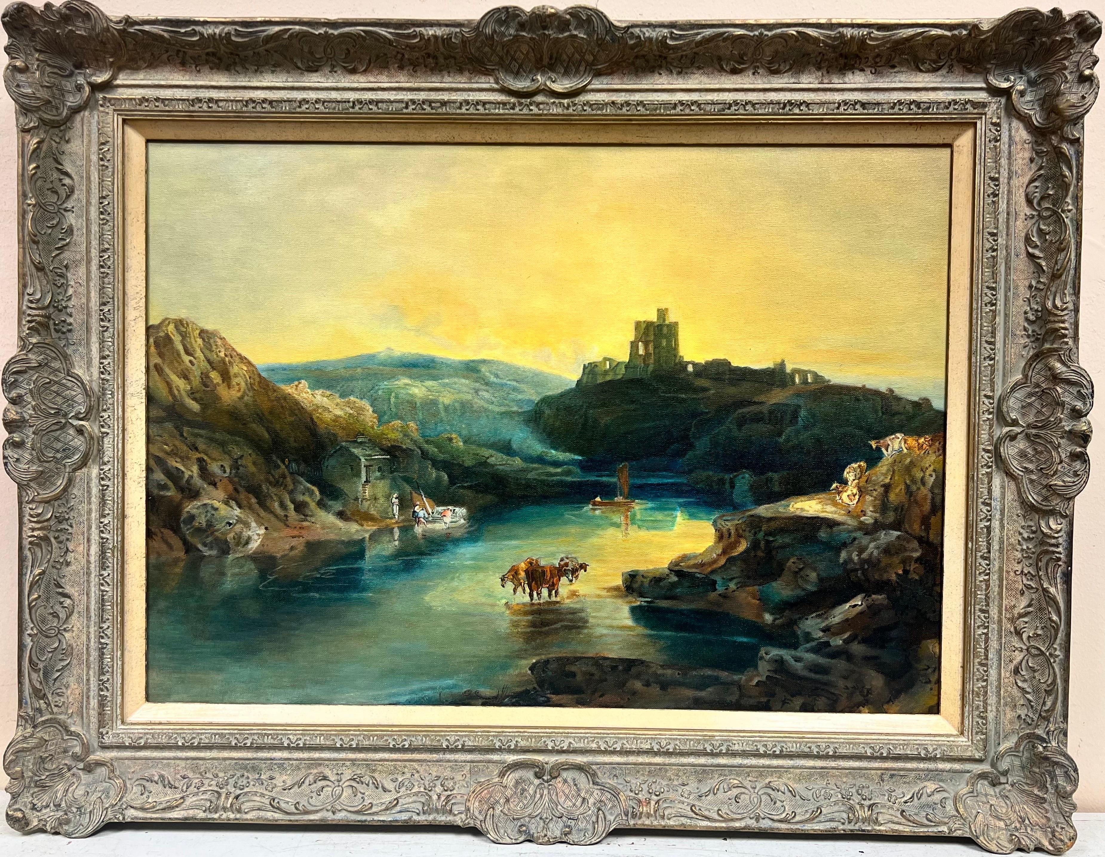 Sunset over Mountain Lakes Cattle Watering from Water Large Tranquil Oil Canvas