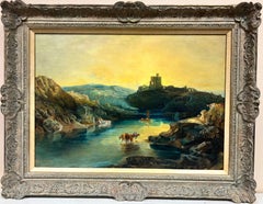 Sunset over Mountain Lakes Cattle Watering from Water Large Tranquil Oil Canvas