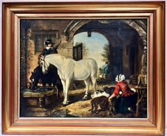 Les cavaliers au repos de grande taverne anglaise ancienne à l'huile représentant des chevaux et des chiens