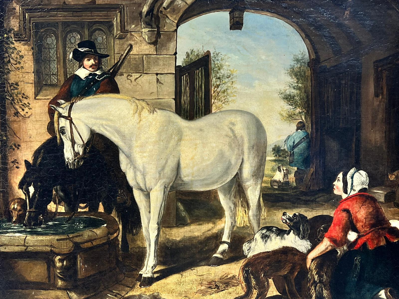 English School Figurative Painting - The Cavaliers Rest Fine Large Antique English Oil Horses & Dogs Village Tavern