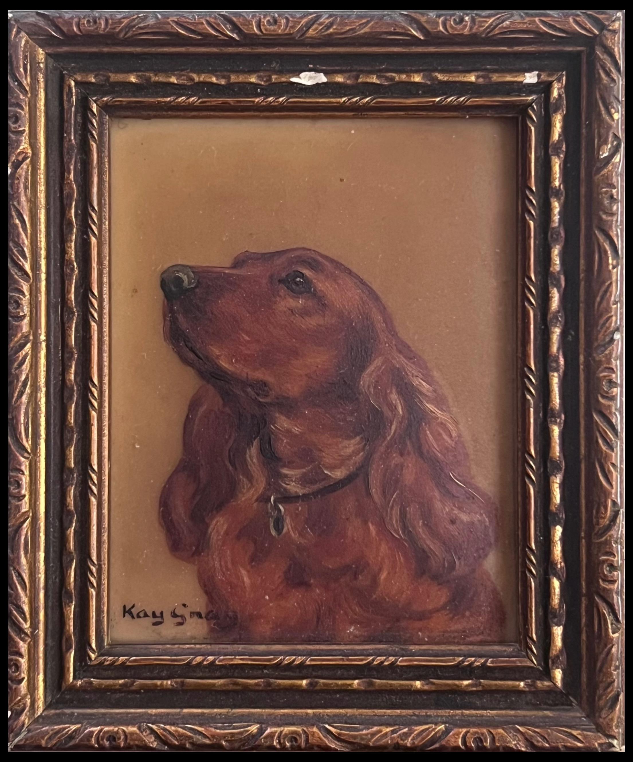 Vintagte English Miniature Painting Portrait of Spaniel Dog