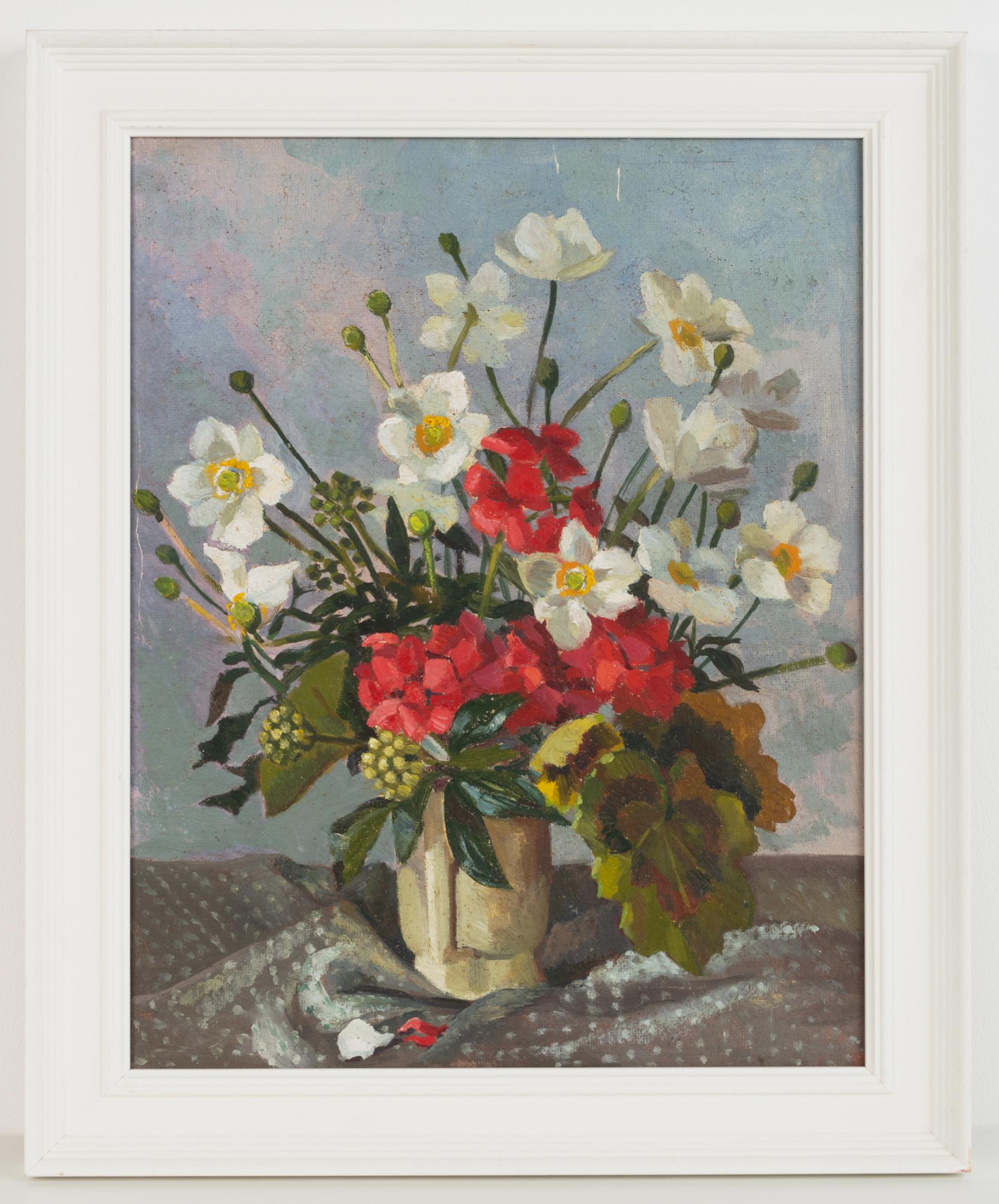 Paint English School 20th Century Still Life Oil on Board Rock Roses and Geraniums For Sale