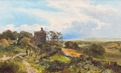 1830's Fine English Oil Figures on Country Path beside Ruined Tower in Landscape