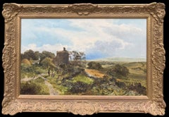 1830's Fine English Oil Figures on Country Path beside Ruined Tower in Landscape