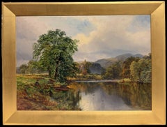 Peinture à l'huile du XIXe siècle, Paysage fluvial avec l'abbaye de Bolton se reflétant dans les eaux calmes