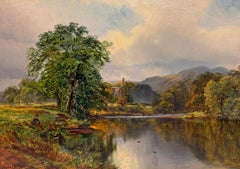 Peinture à l'huile du XIXe siècle, Paysage fluvial avec l'abbaye de Bolton se reflétant dans les eaux calmes