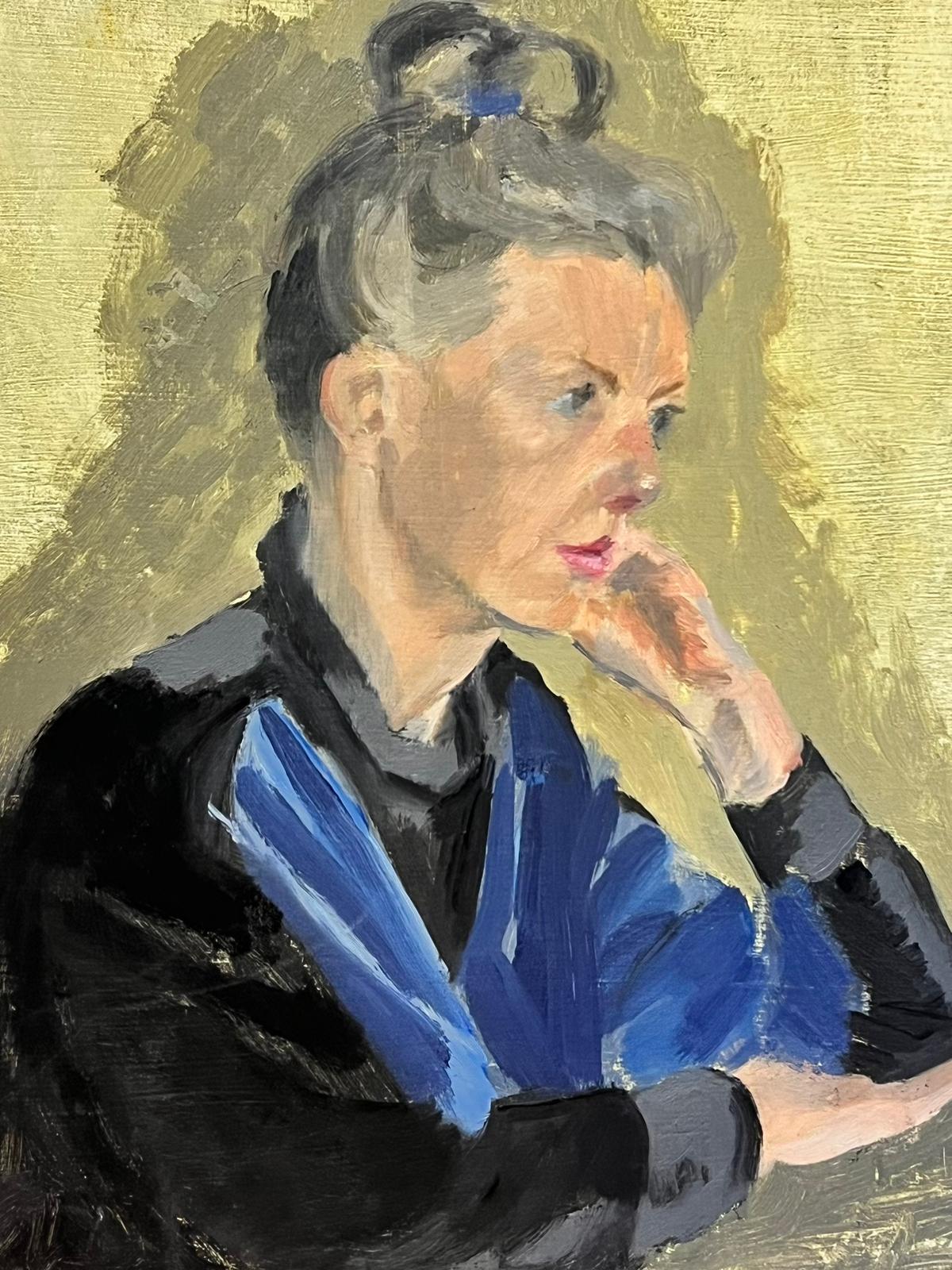 20th Century English Oil Portrait of Lady with Hair Tied Up, yellow background - Painting by English School