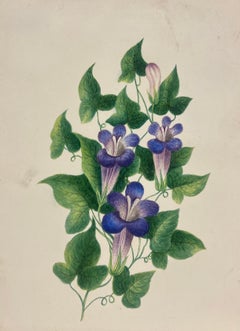 Botanical Watercolour Painting of Purple Trumpet Flowers with Lush Green Foliage