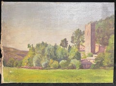 Charming 20th-Century Landscape with Ruins and Lush Foliage Oil