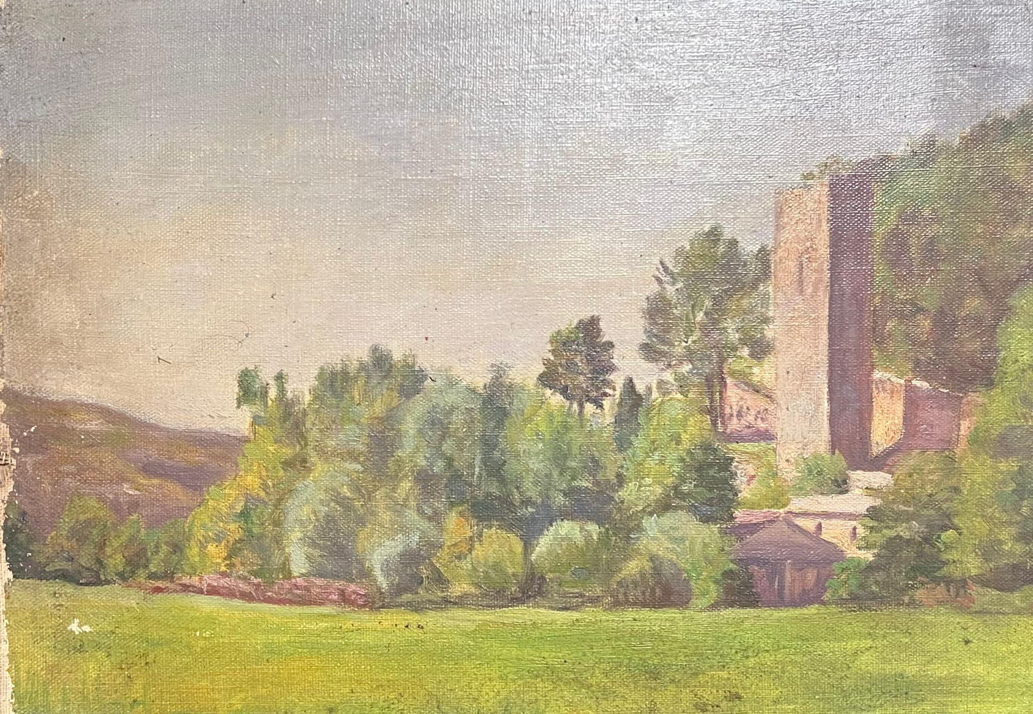 English School Landscape Painting – Charmante Landschaft des 20. Jahrhunderts mit Ruinen und üppigem Blattwerk, Ölgemälde