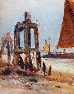 Charming painting ships at sea with village at the end