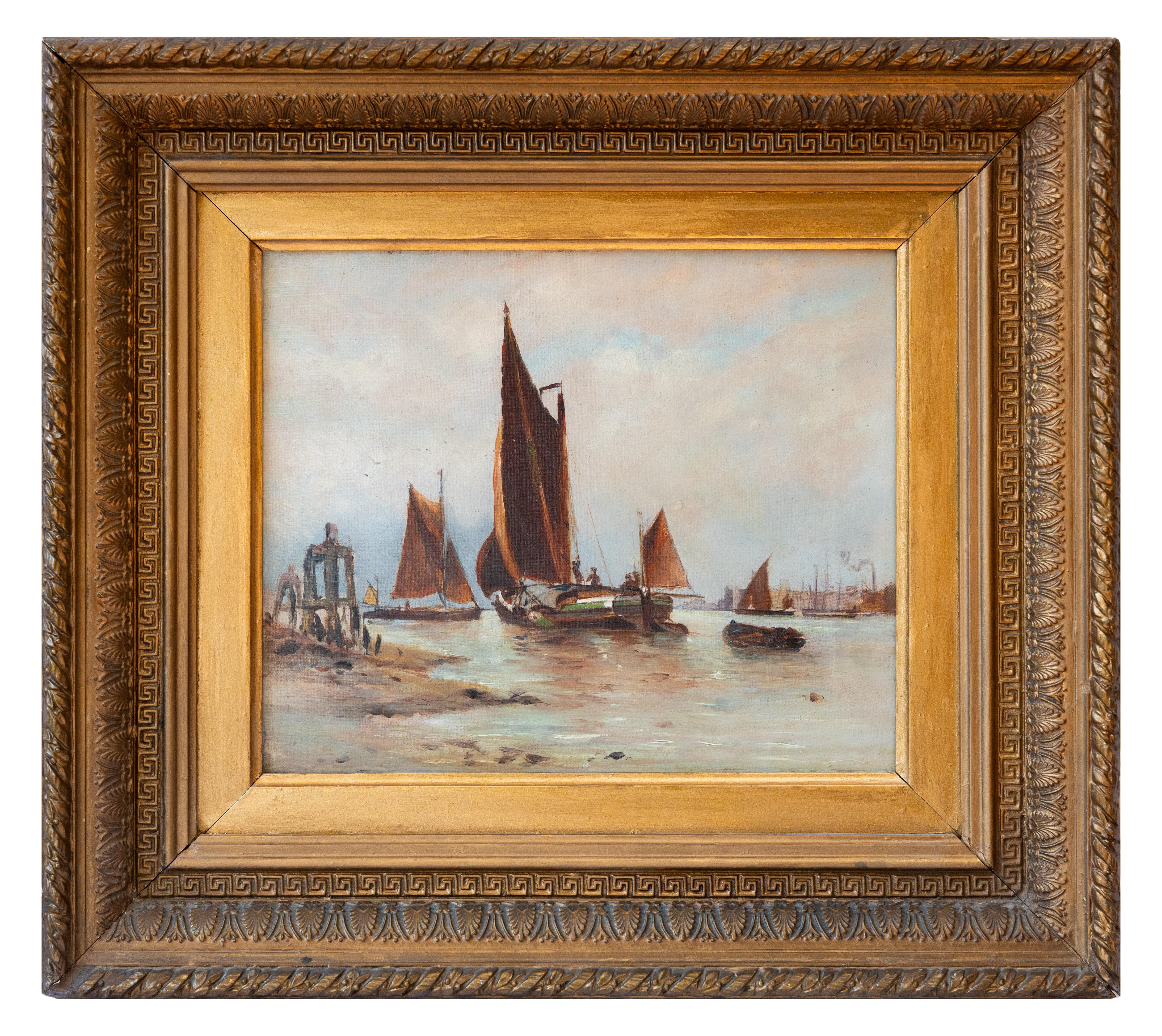 Charming painting ships at sea with village at the end