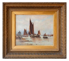 Charming painting ships at sea with village at the end