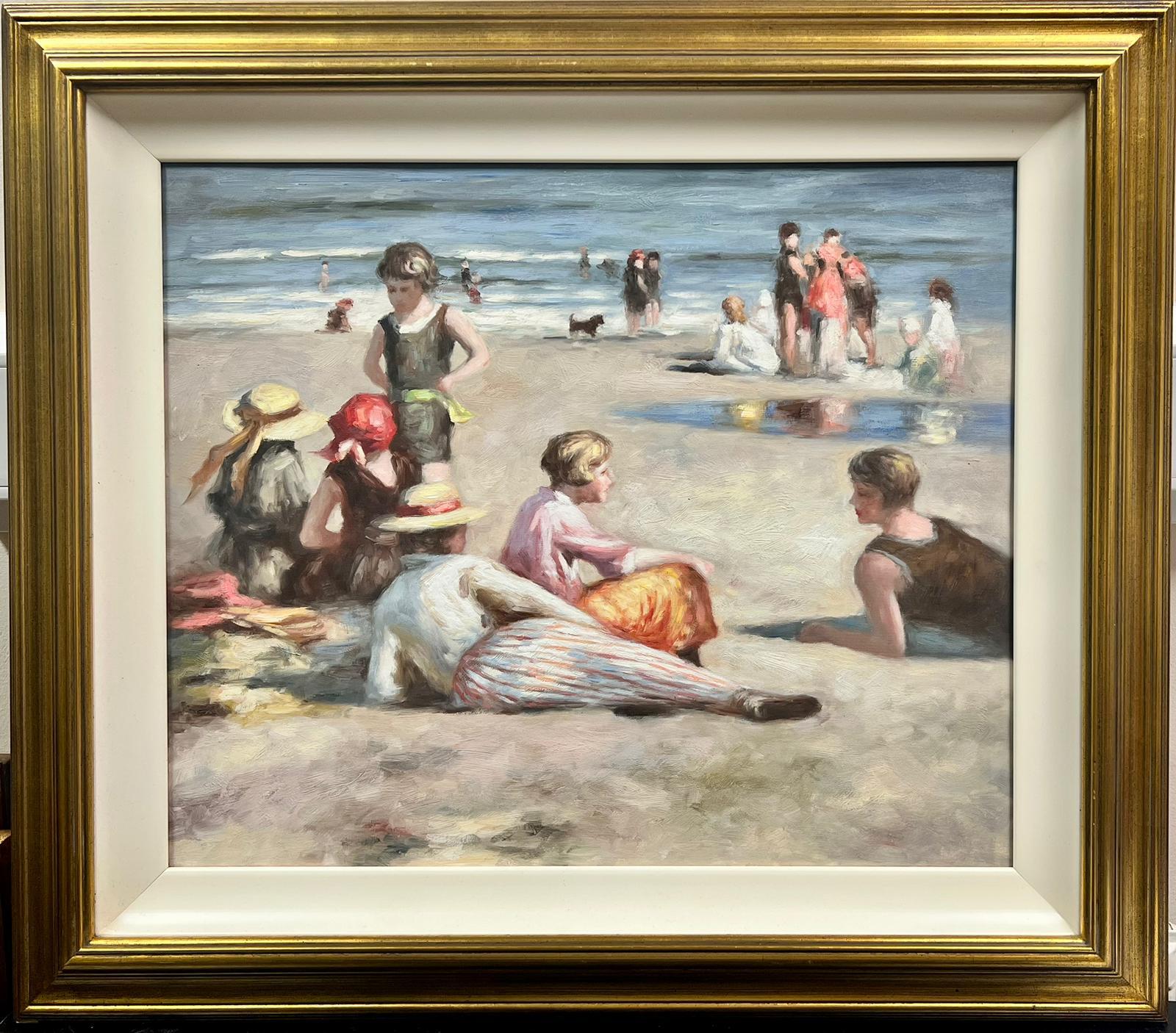 Élégants familles profitant d'une journée de soleil à la plage, peinture à l'huile anglaise vintage  - Painting de English School