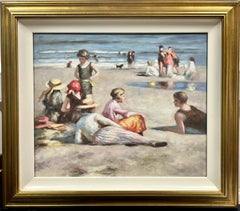 Elegant Families Enjoying Sunny Day on Beach, Vintage English Oil Painting