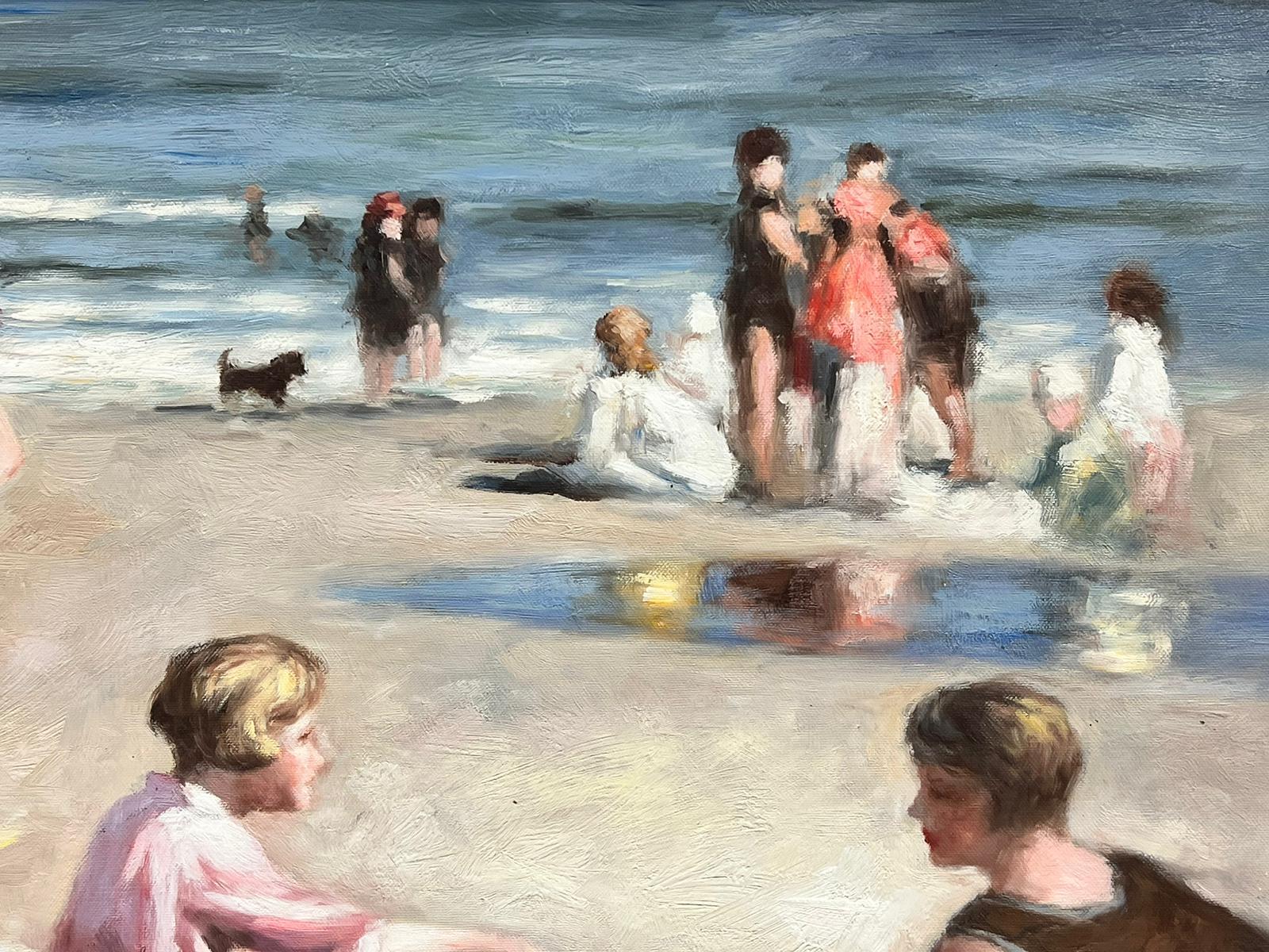 Élégants familles profitant d'une journée de soleil à la plage, peinture à l'huile anglaise vintage  - Moderne Painting par English School
