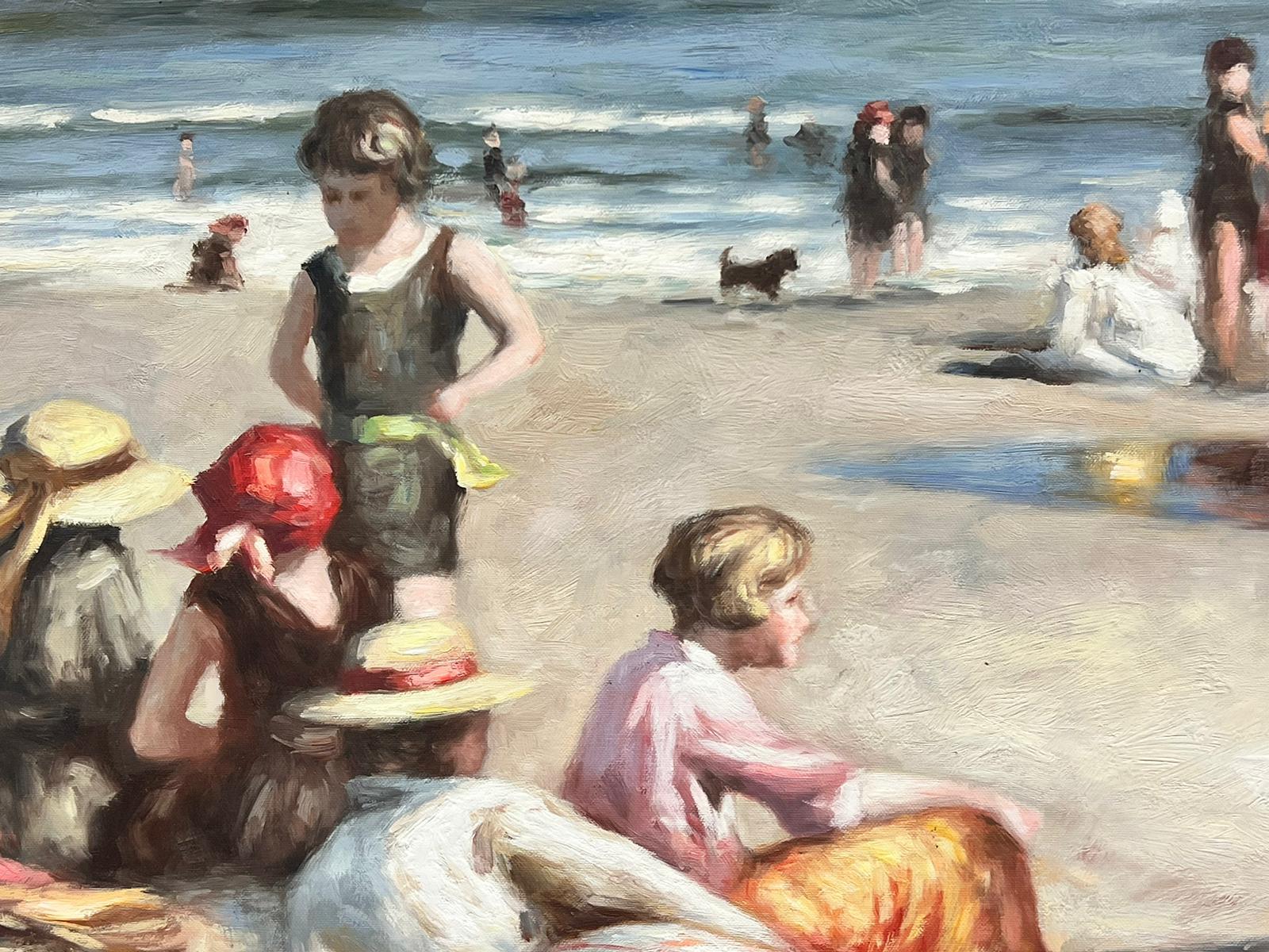Elegant Families Enjoying Sunny Day on Beach, Vintage English Oil Painting  For Sale 2