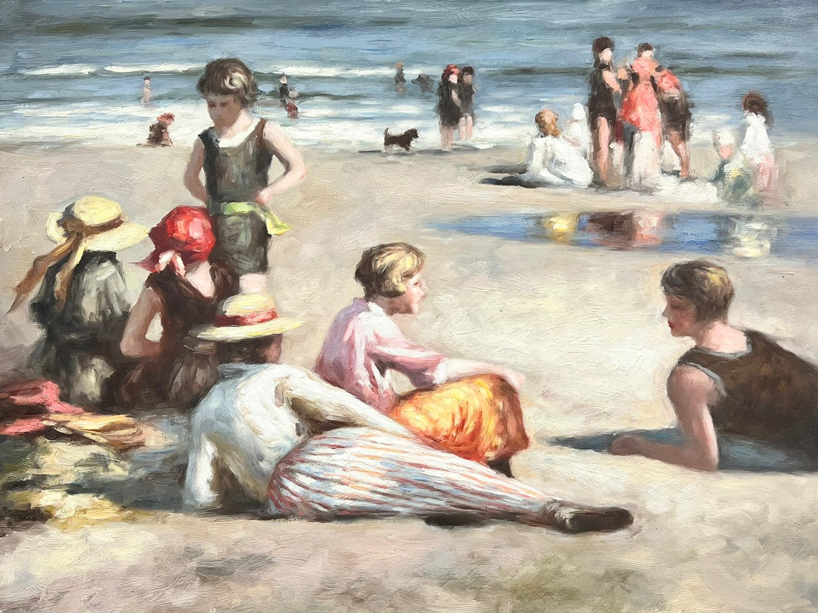 Figurative Painting English School - Élégants familles profitant d'une journée de soleil à la plage, peinture à l'huile anglaise vintage 