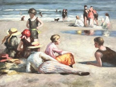 Elegant Families Enjoying Sunny Day on Beach, Vintage English Oil Painting 
