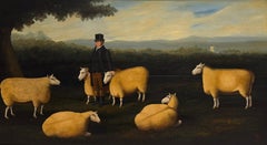 English Folk Art Landowner with Flock of Sheep Pastoral Landscape Oil Painting