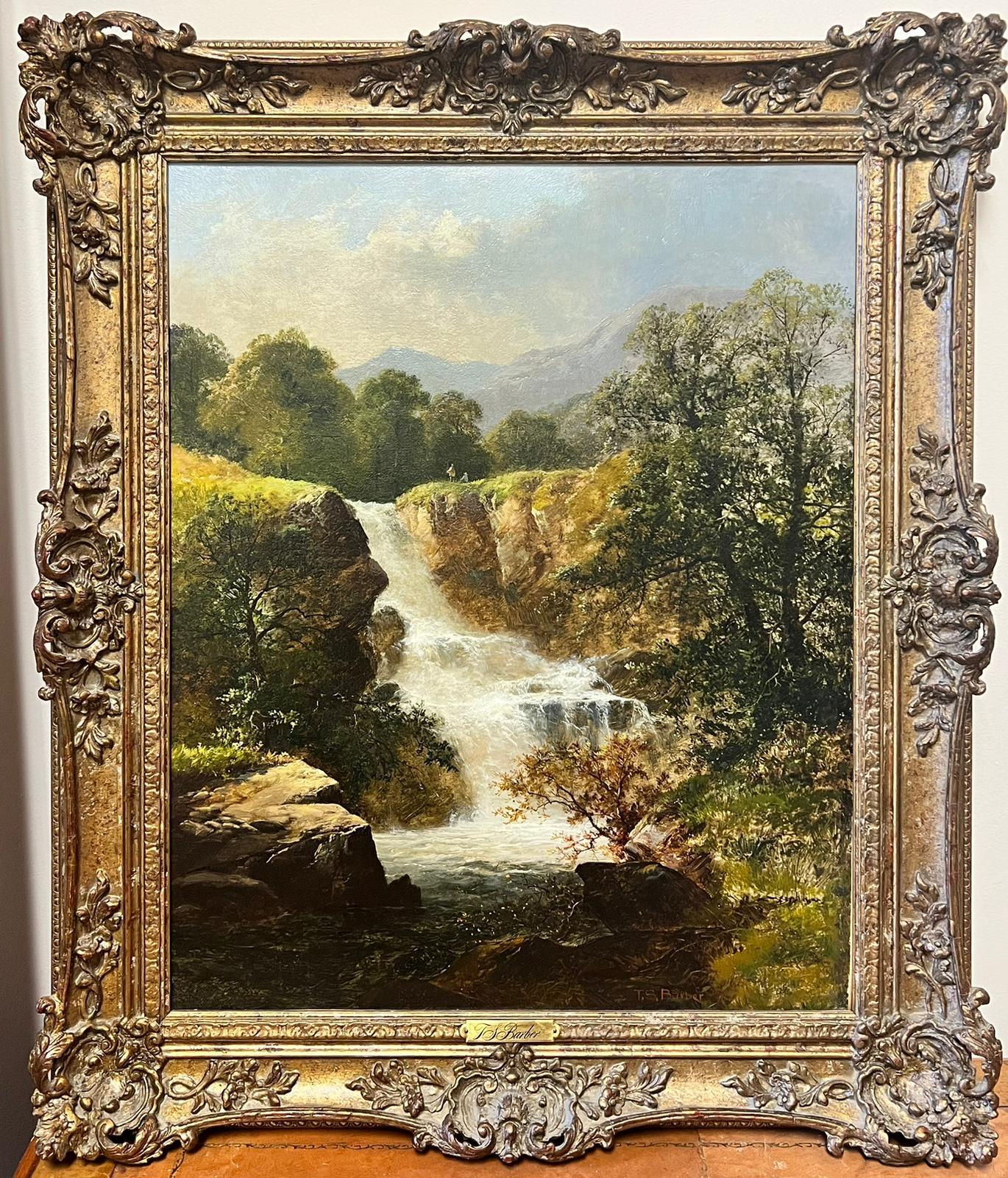 Fine Victorian Signed Oil Painting Figures by Waterfall Capel Curig Wales