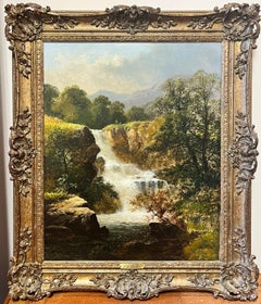 Antique Fine Victorian Signed Oil Painting Figures by Waterfall Capel Curig Wales