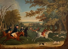 Huge English Antique Oil Royal Hunt in Windsor Forest Horsemen, Hounds & Deer