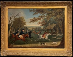 Huge English Antique Oil Royal Hunt in Windsor Forest Horsemen, Hounds & Deer