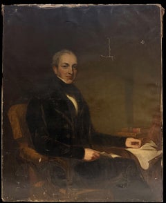 Immense tableau anglais à l'huile datant du milieu du XIXe siècle représentant un gentleman assis à son bureau – trouvaille dans un grenier