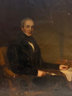 Immense tableau anglais à l'huile datant du milieu du XIXe siècle représentant un gentleman assis à son bureau – trouvaille dans un grenier