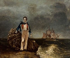 Lord Byron Standing on the Shore with Sailing Ship at Sea Antique Oil Painting