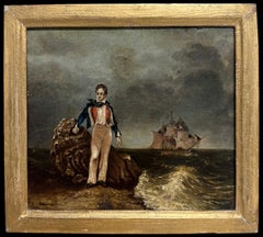 Lord Byron Standing on the Shore with Sailing Ship at Sea Antique Oil Painting