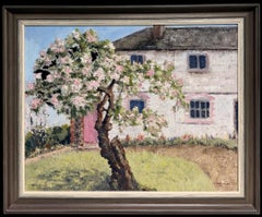 Pink Blossom Cottage Garden with Flowering Tree 1960's English Oil Painting