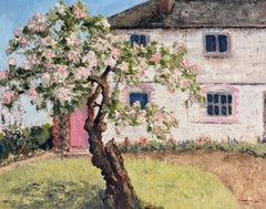 Pink Blossom Cottage Garden with Flowering Tree 1960's English Oil Painting
