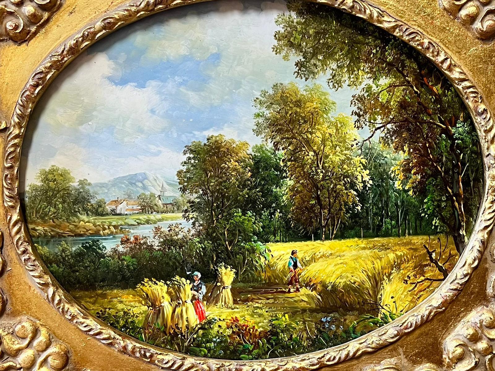 Traditional British Landscape Figures Gathering the Harvest Oil in Gilt Frame  - Painting by English School