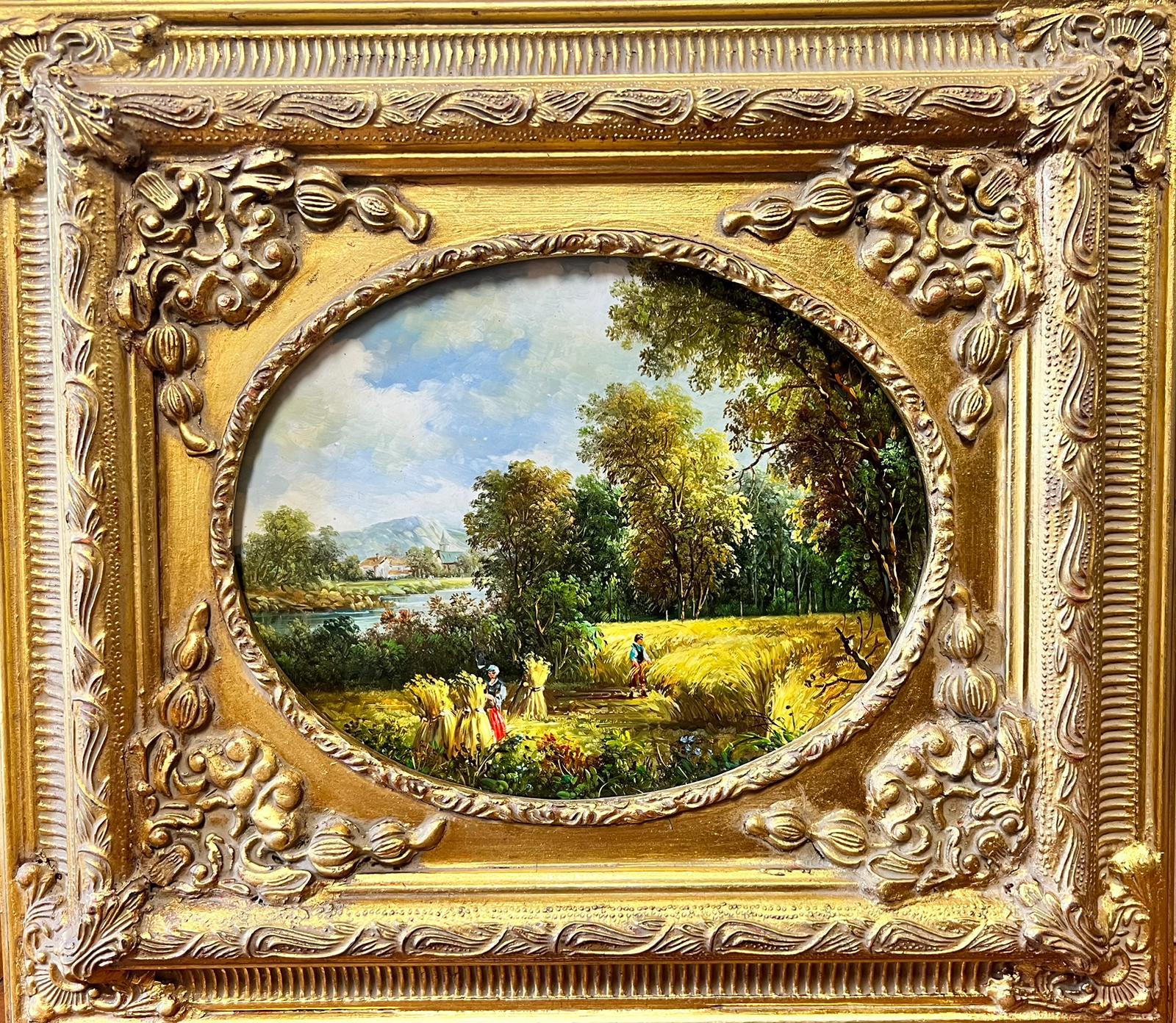 English School Landscape Painting - Traditional British Landscape Figures Gathering the Harvest Oil in Gilt Frame 
