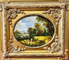 Traditional British Landscape Figures Gathering the Harvest Oil in Gilt Frame 