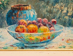 Vase with flowers, fruit with a window open to the sea with ships