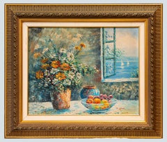 Vase with flowers, fruit with a window open to the sea with ships