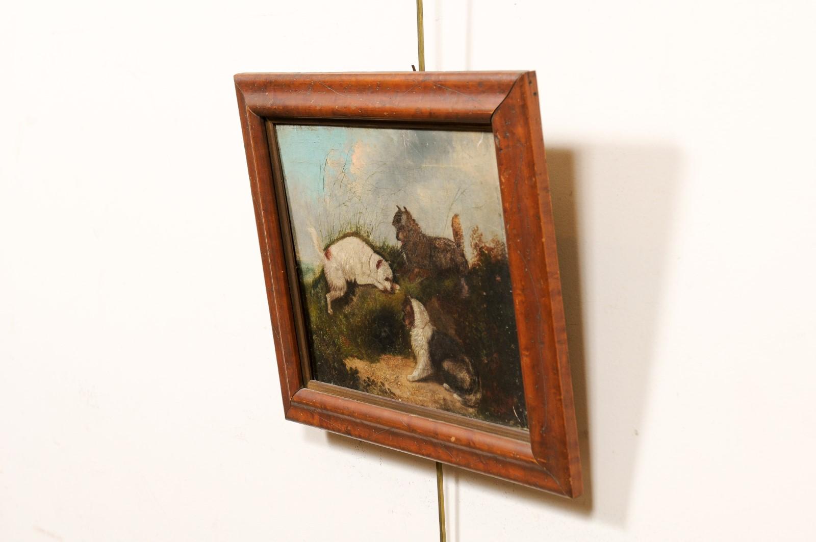 English School 3 Terriers Hunting Oil On Canvas in Wood Frame, 19th Century For Sale 8